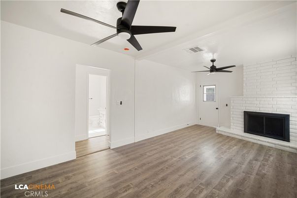 Empty room, Fireplace, Interior, Stone Walls, Wood Texture Flooring