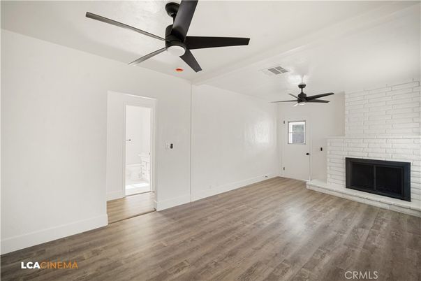 Empty room, Fireplace, Interior, Stone Walls, Wood Texture Flooring