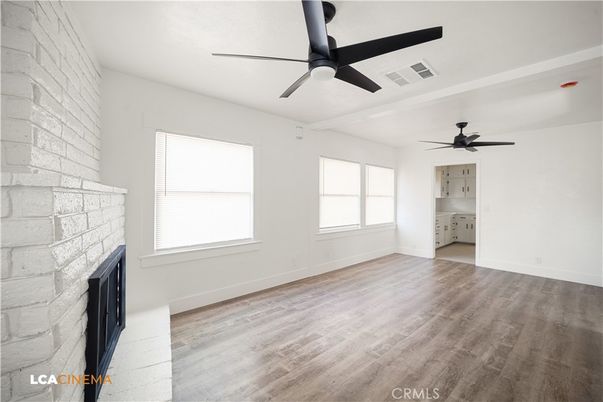 Empty room, Fireplace, Interior, Stone Walls, Wood Texture Flooring
