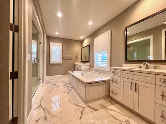 Bathroom, Dual Sink Vanities, Interior, Marble, Recessed Lighting