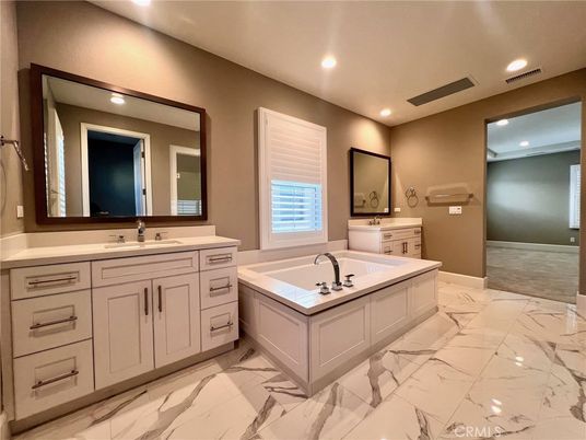 Bathroom, Dual Sink Vanities, Interior, Marble, Recessed Lighting