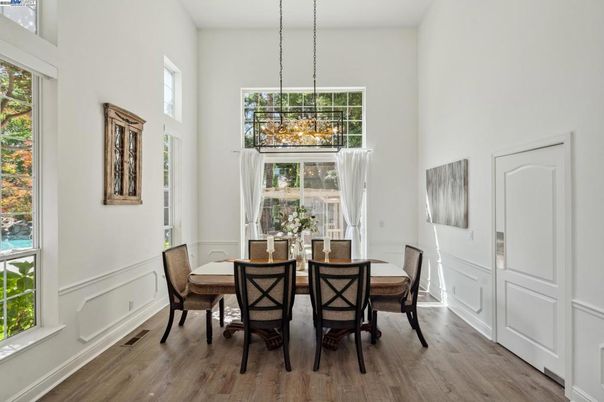 Dining room, Interior, Pendant Lights, Wood Texture Flooring