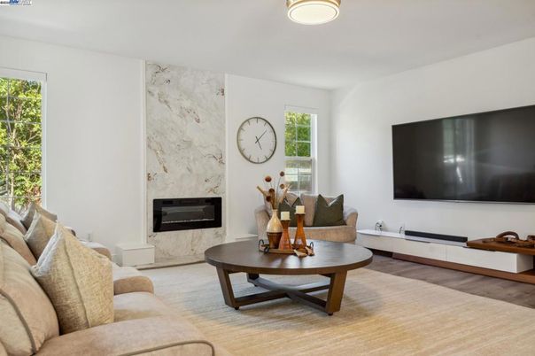 Fireplace, Interior, Living room, Marble Walls, Wood Texture Flooring