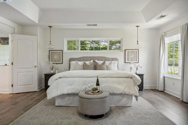 Bedroom, Interior, Pendant Lights, Wood Texture Flooring