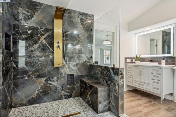 Bathroom, Glass Shower, Interior, Marble Walls, Pendant Lights, Wood Texture Flooring