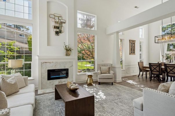 Dining room, Fireplace, Interior, Living room, Pendant Lights, Wood Texture Flooring