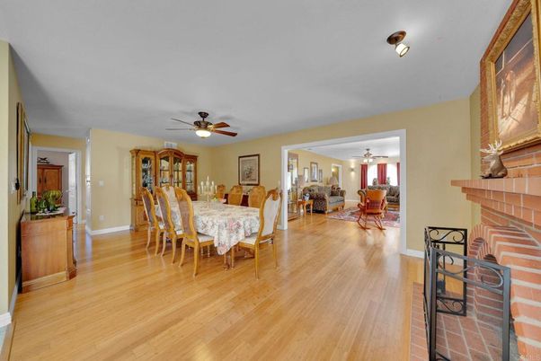 Dining room, Fireplace, Interior, Wood Texture Flooring
