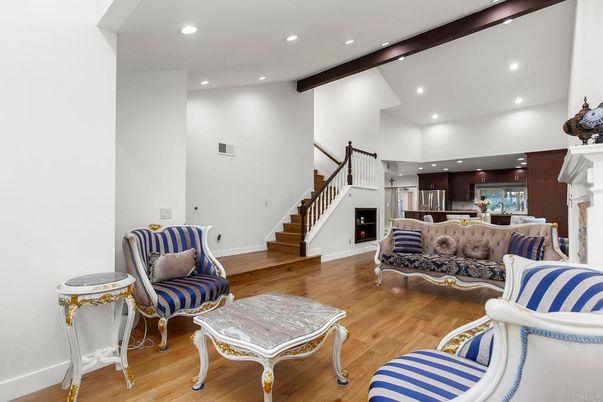 Fireplace, Interior, Kitchen, Living room, Recessed Lighting, Wooden Beams, Wood Texture Flooring