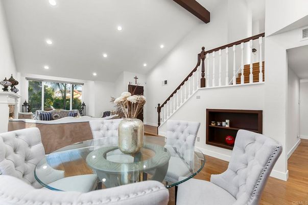 Fireplace, Interior, Living room, Recessed Lighting, Wooden Beams, Wood Texture Flooring