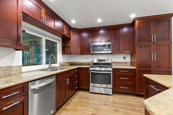 Interior, Kitchen, Recessed Lighting, Stainless Steel Appliances, Wood Texture Flooring