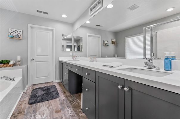 Bathroom, Dual Sink Vanities, Interior, Recessed Lighting, Wood Texture Flooring