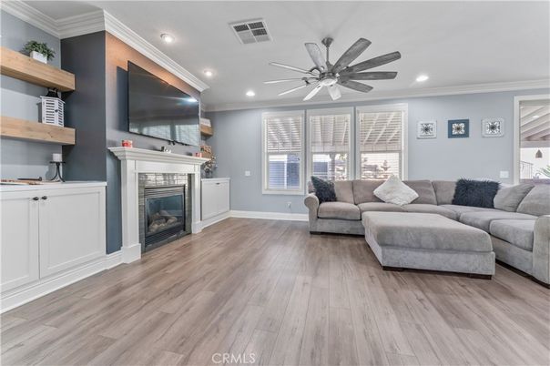 Fireplace, Interior, Living room, Recessed Lighting, Wood Texture Flooring