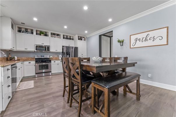 Dining room, Interior, Kitchen, Recessed Lighting, Stainless Steel Appliances, Wood Texture Flooring