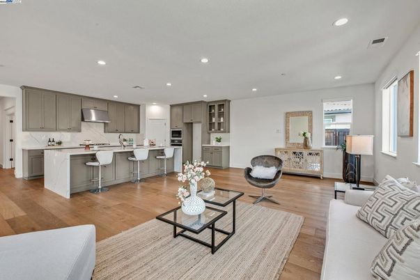 Interior, Kitchen, Living room, Recessed Lighting, Stainless Steel Appliances, Wood Texture Flooring