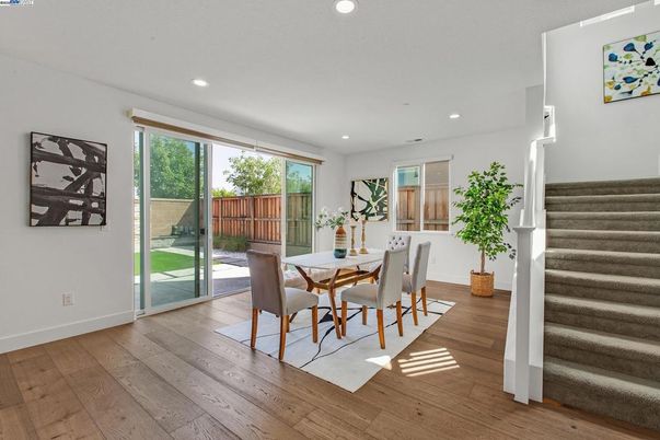 Dining room, Interior, Recessed Lighting, Wood Texture Flooring
