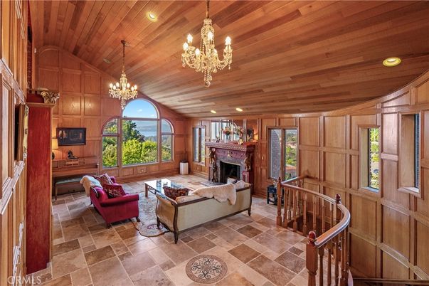 Chandelier, Fireplace, Interior, Living room, Recessed Lighting, Wooden Ceilings, Wooden Walls