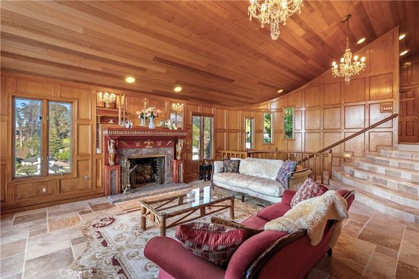 Chandelier, Fireplace, Interior, Living room, Recessed Lighting, Wooden Ceilings, Wooden Walls