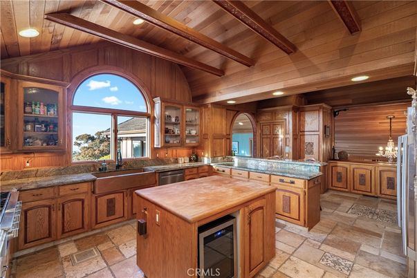 Chandelier, Interior, Kitchen, Pendant Lights, Recessed Lighting, Stainless Steel Appliances, Wooden Beams, Wooden Ceilings