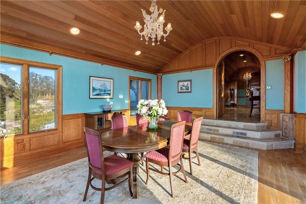 Chandelier, Dining room, Interior, Recessed Lighting, Wooden Ceilings, Wood Texture Flooring