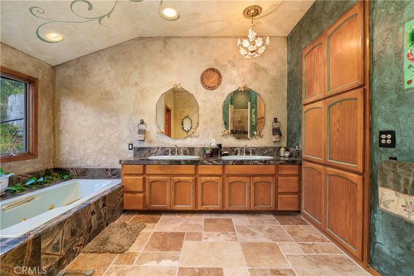 Bathroom, Chandelier, Dual Sink Vanities, Interior, Recessed Lighting