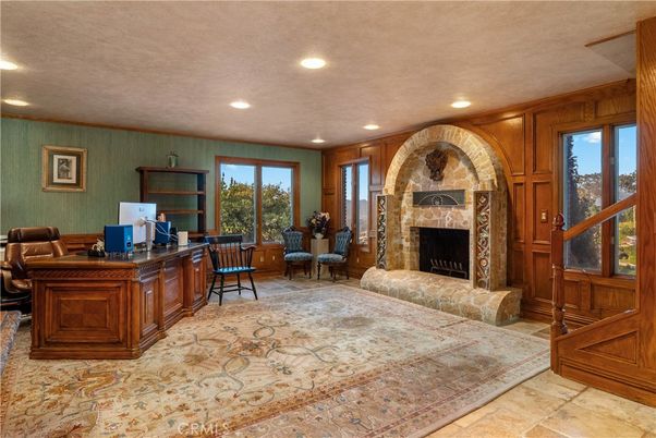 Fireplace, Home Office, Interior, Recessed Lighting, Wooden Walls