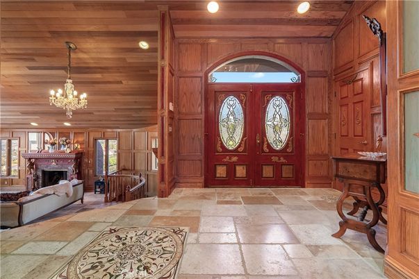 Chandelier, Fireplace, Interior, Pendant Lights, Recessed Lighting, Wooden Ceilings, Wooden Walls