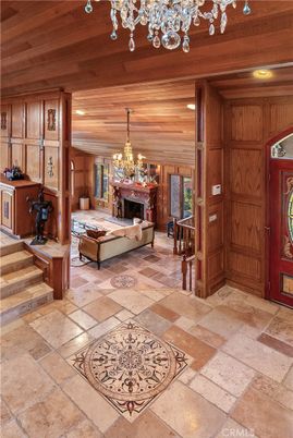 Chandelier, Fireplace, Interior, Recessed Lighting, Wooden Ceilings, Wooden Walls