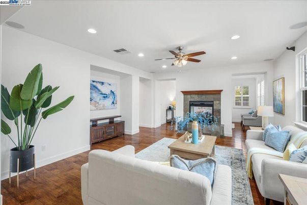 Fireplace, Interior, Living room, Recessed Lighting, Wood Texture Flooring