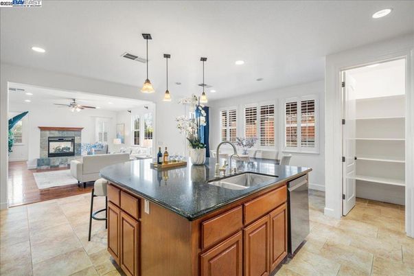 Fireplace, Interior, Kitchen, Living room, Pendant Lights, Recessed Lighting