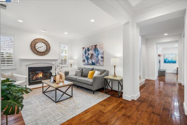 Fireplace, Interior, Living room, Recessed Lighting, Wood Texture Flooring