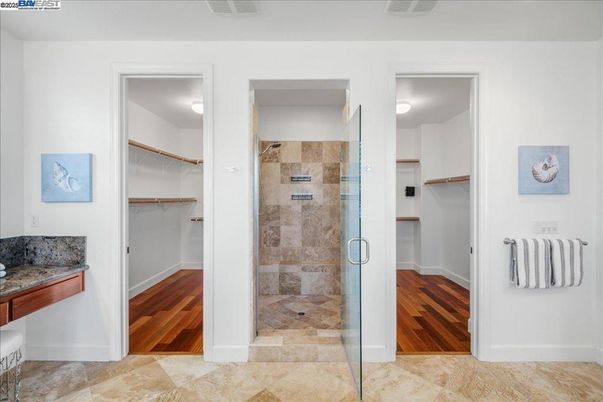 Bathroom, Glass Shower, Interior, Wood Texture Flooring