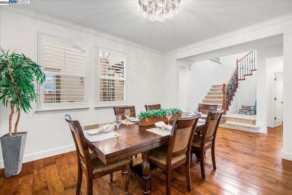 Chandelier, Dining room, Interior, Wood Texture Flooring