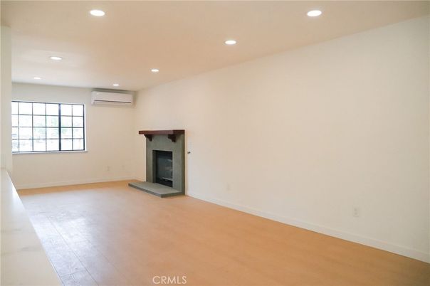 Empty room, Fireplace, Interior, Recessed Lighting, Wood Texture Flooring