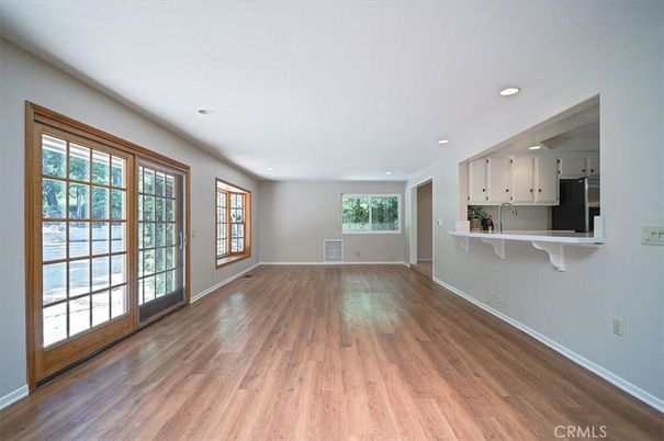 Empty room, Interior, Kitchen, Recessed Lighting, Wood Texture Flooring