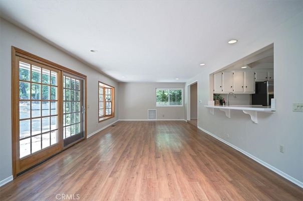 Empty room, Interior, Kitchen, Recessed Lighting, Wood Texture Flooring