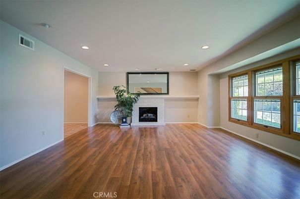 Empty room, Fireplace, Interior, Recessed Lighting, Wood Texture Flooring