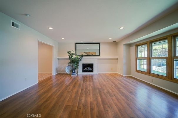 Empty room, Fireplace, Interior, Recessed Lighting, Wood Texture Flooring