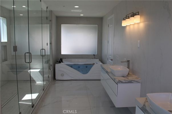 Bathroom, Dual Sink Vanities, Glass Shower, Interior, Marble, Recessed Lighting