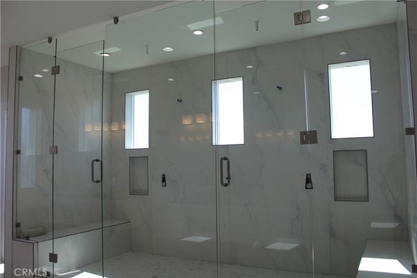 Bathroom, Glass Shower, Interior, Marble Walls, Recessed Lighting