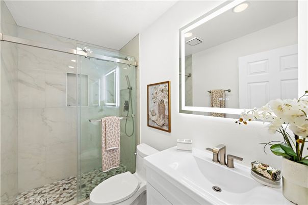 Bathroom, Glass Shower, Interior, Marble Walls, Recessed Lighting