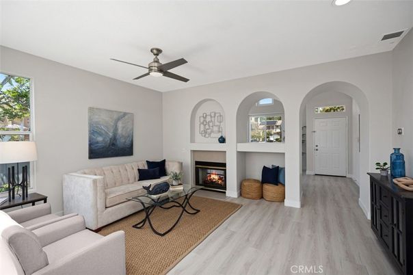 Fireplace, Interior, Living room, Recessed Lighting, Wood Texture Flooring