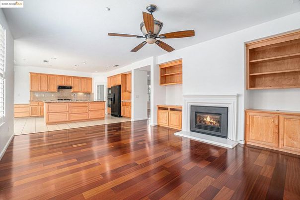 Empty room, Fireplace, Interior, Kitchen, Recessed Lighting, Wood Texture Flooring