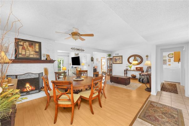 Dining room, Fireplace, Interior, Wood Texture Flooring
