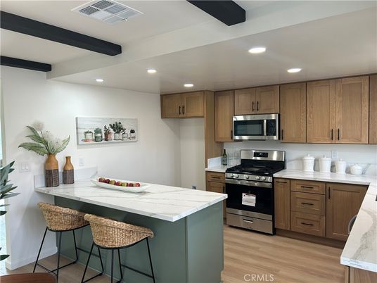 Interior, Kitchen, Recessed Lighting, Stainless Steel Appliances, Wooden Beams, Wood Texture Flooring