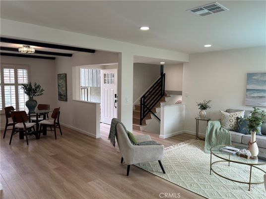 Dining room, Interior, Living room, Recessed Lighting, Wooden Beams, Wood Texture Flooring