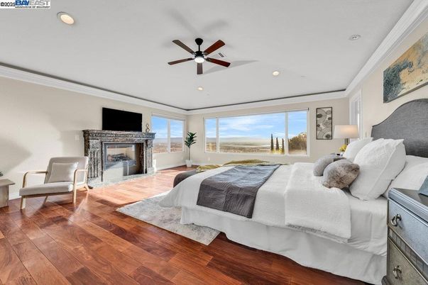 Bedroom, Fireplace, Interior, Recessed Lighting, Wood Texture Flooring