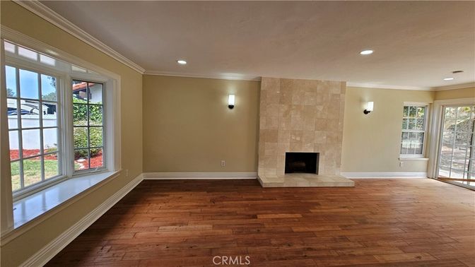 Empty room, Fireplace, Interior, Recessed Lighting, Wood Texture Flooring