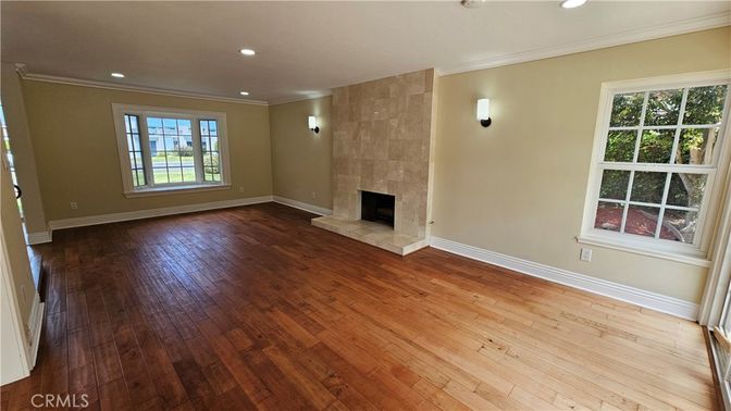 Empty room, Fireplace, Interior, Recessed Lighting, Wood Texture Flooring