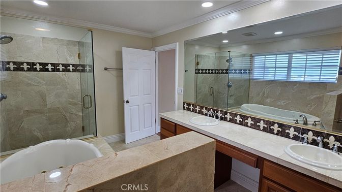 Bathroom, Dual Sink Vanities, Glass Shower, Interior, Recessed Lighting, Tile Countertops