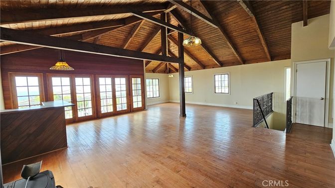 Chandelier, Empty room, Interior, Pendant Lights, Wooden Beams, Wooden Ceilings, Wood Texture Flooring